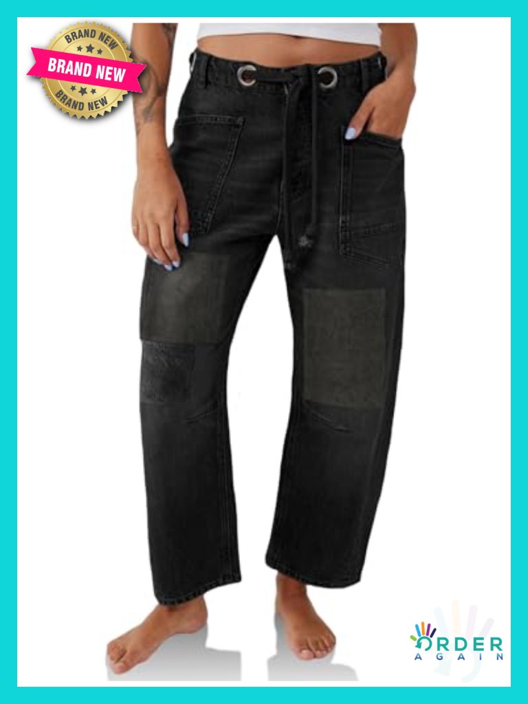 Baggy Barrel Horseshoe Wide Leg Patchwork Low Rise Jeans Denim Pockets